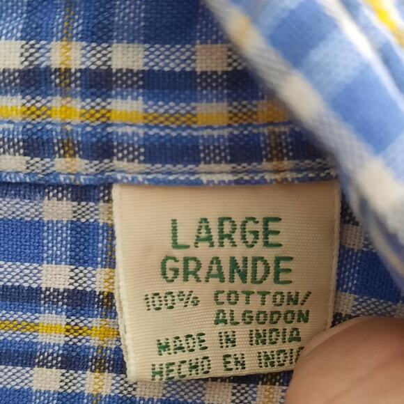 St John’s Bay L Blue Yellow Plaid Shirt Textured Cotton Button Down Long Sleeve - Picture 4 of 5